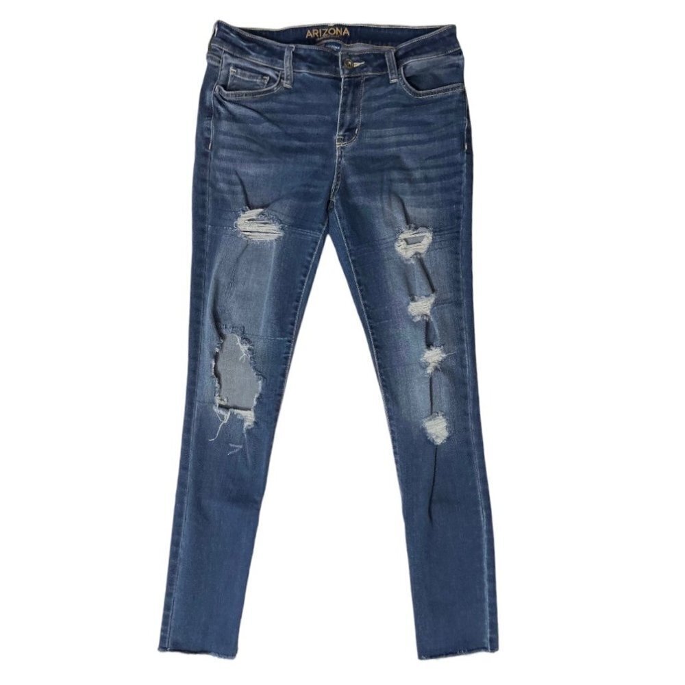ARIZONA Distressed High Rise Skinny Jeans Juniors Size 9 Raw‎ Hem Factory Holes